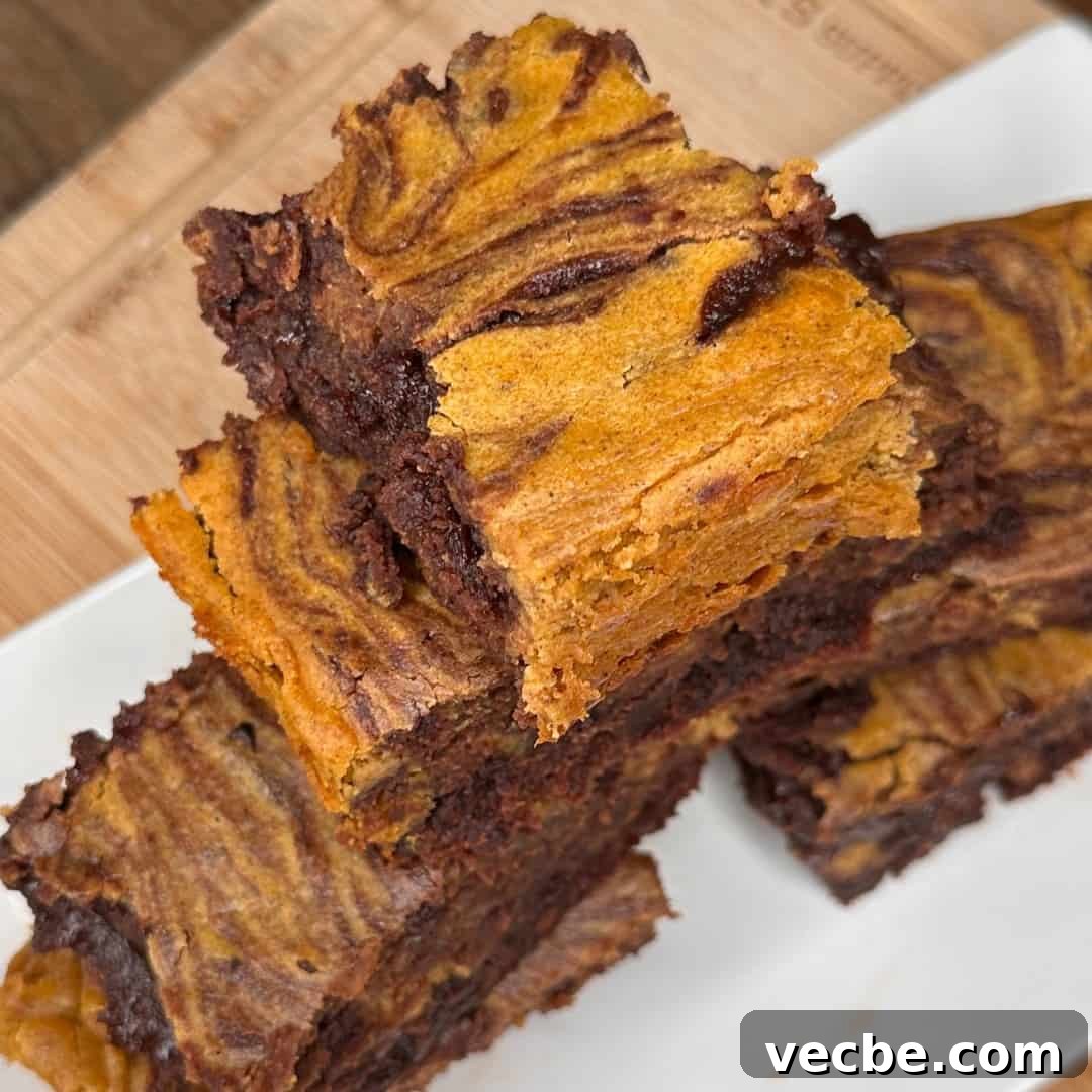 Fudgy Pumpkin Cheesecake Brownies Recipe 2 Pumpkin cheesecake brownies with a rich chocolate swirl