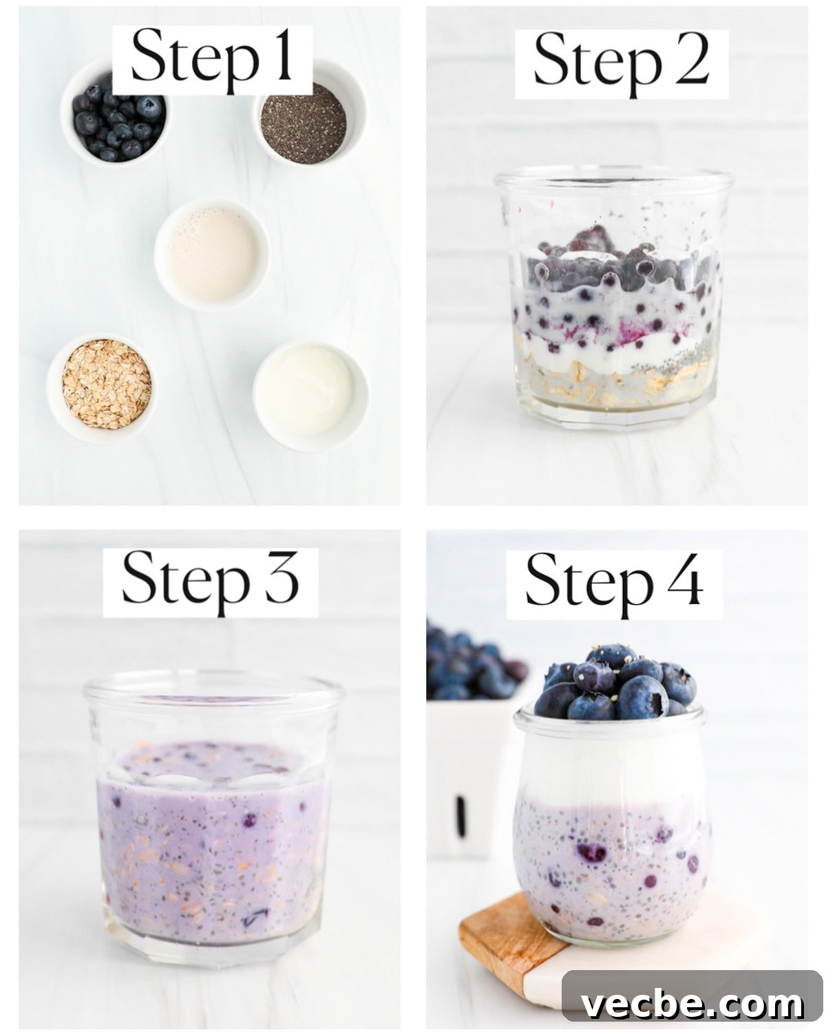 Creamy Blueberry Overnight Oats Recipe 5 A collage of four images labeled step 1-step 4. Step 1: 5 bowls of ingredients. Step 2: a clear jar filled with ingredients. Step 3: A clear jar filled with mixed overnight oats. Step 4: finished overnight oats in a jar.