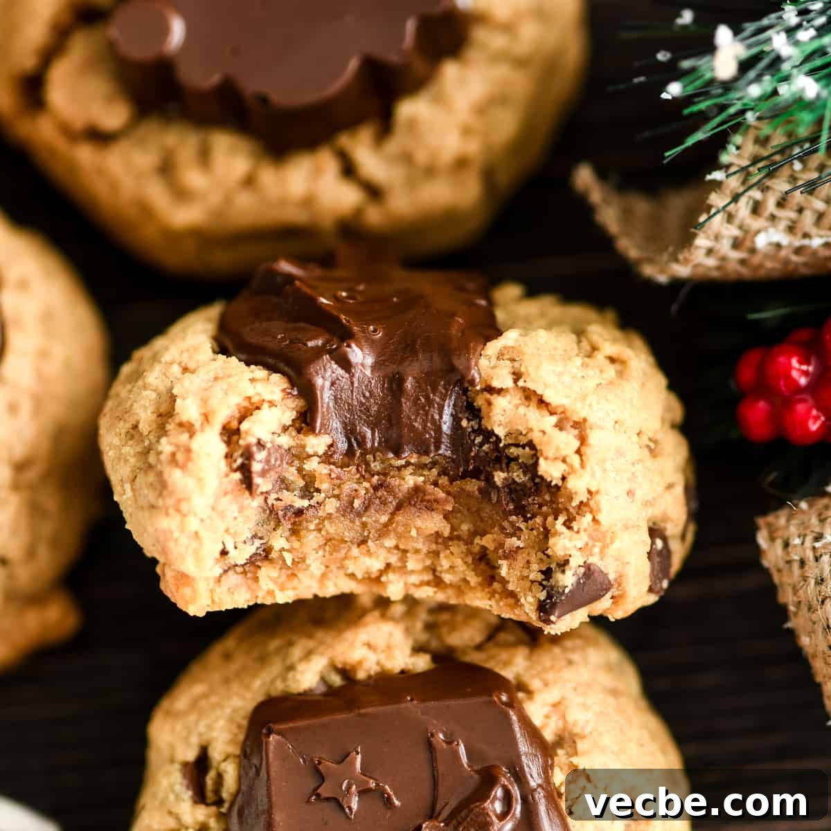 Gluten-Free Peanut Butter Blossoms Up close, overhead view of one Gluten-free Peanut Butter Blossoms with a bite taken out of it surrounded by three other cookies