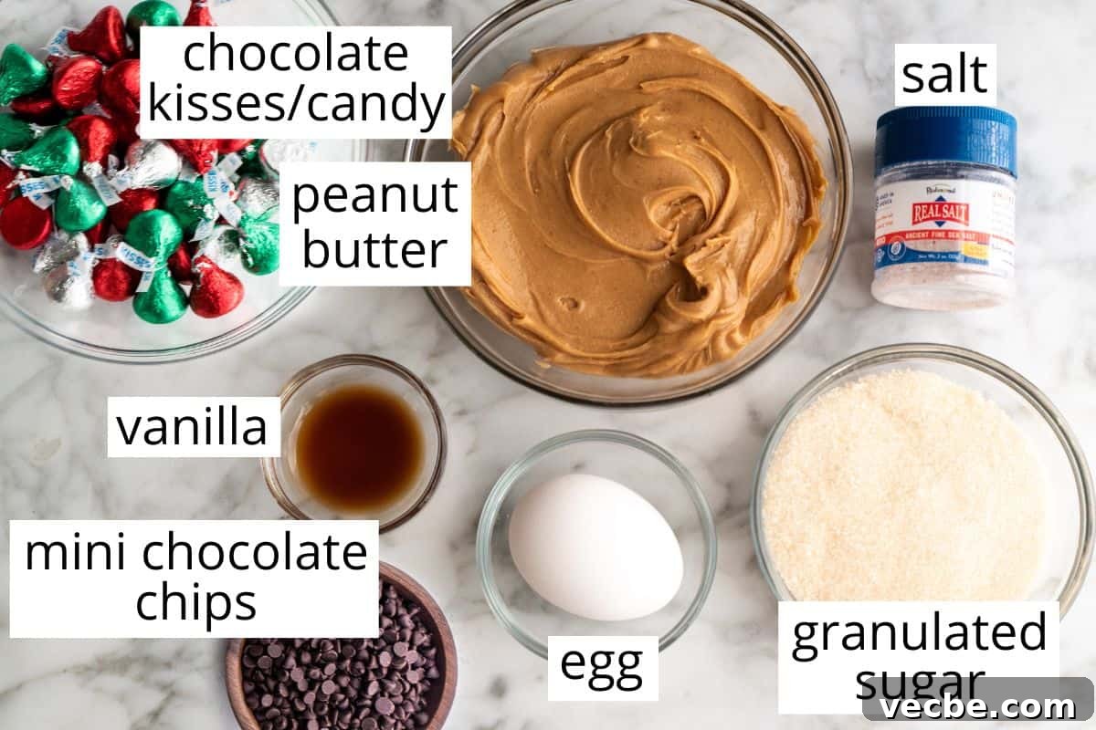 Gluten Free Peanut Butter Blossoms Recipe 2 overhead photo of the labeled ingredients in this Gluten Free Peanut Butter Blossoms recipe