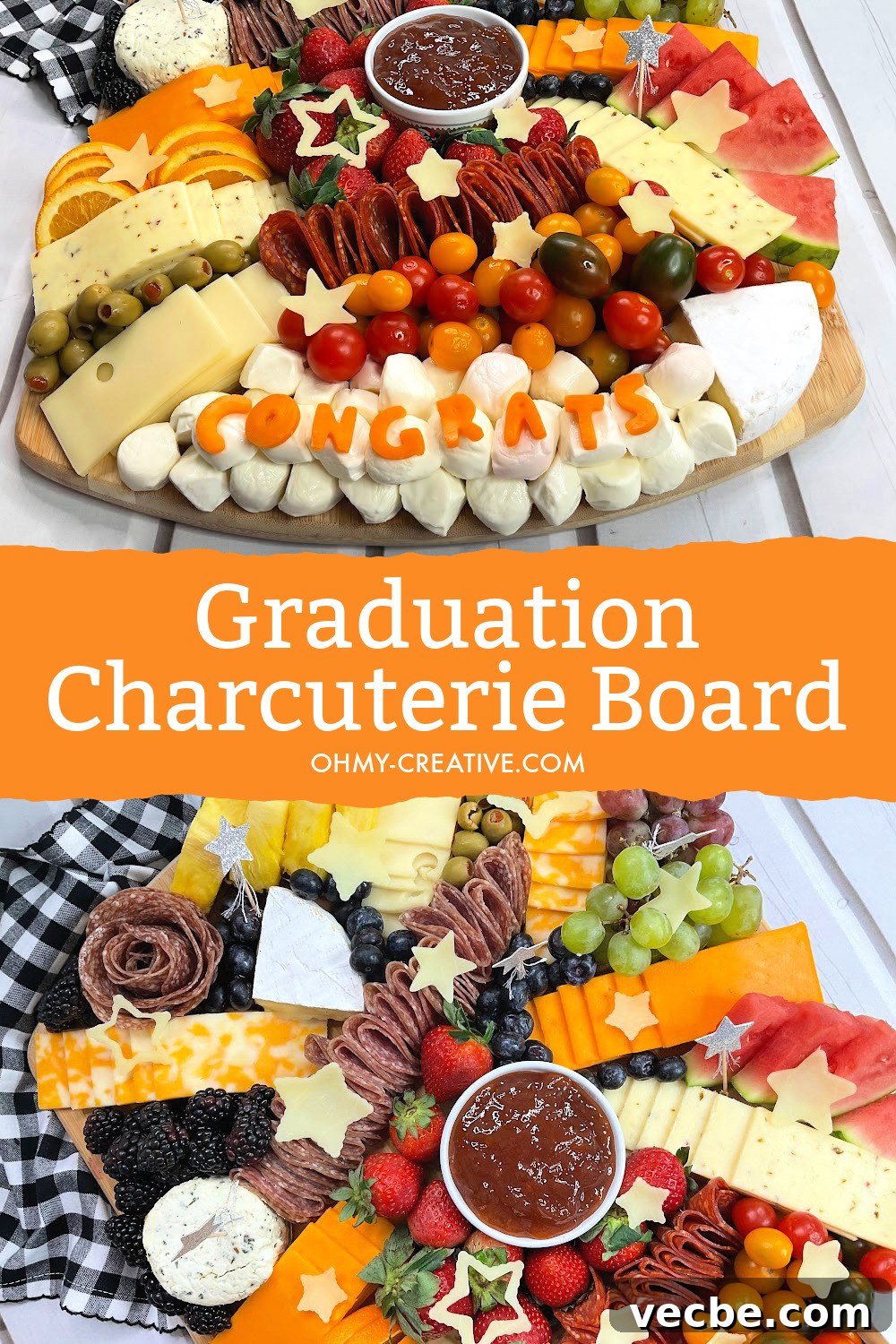 Graduation Charcuterie Board Ideas for Your Party 7 Great graduation party foods -graduation party charcuterie board with the congrats made out of cheeses and cheese stars.