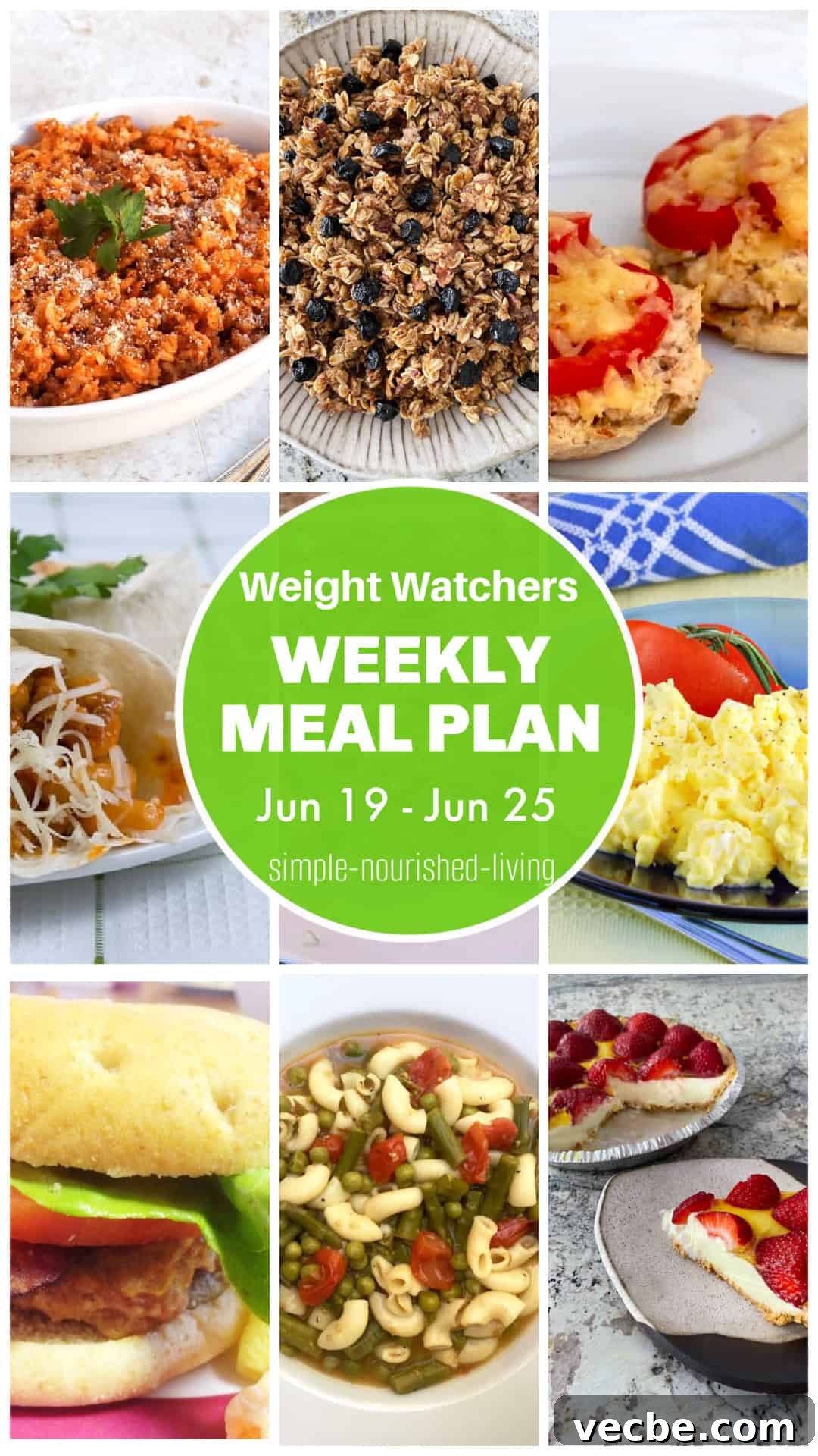Weight Watchers Meal Plan: Week of June 19–25 5 9 Frame Food Collage Pinterest Pin: cabbage roll casserole in white gratin dish, blueberry pecan granola, open face tuna melts on english muffins, bean burritos, scrambled eggs, turkey burger, minestrone soup, lemon strawberry no bake pie. Round Green Text Box Overlay in Center: Weight Watchers Weekly Meal Plan Jun 19 - Jun 25