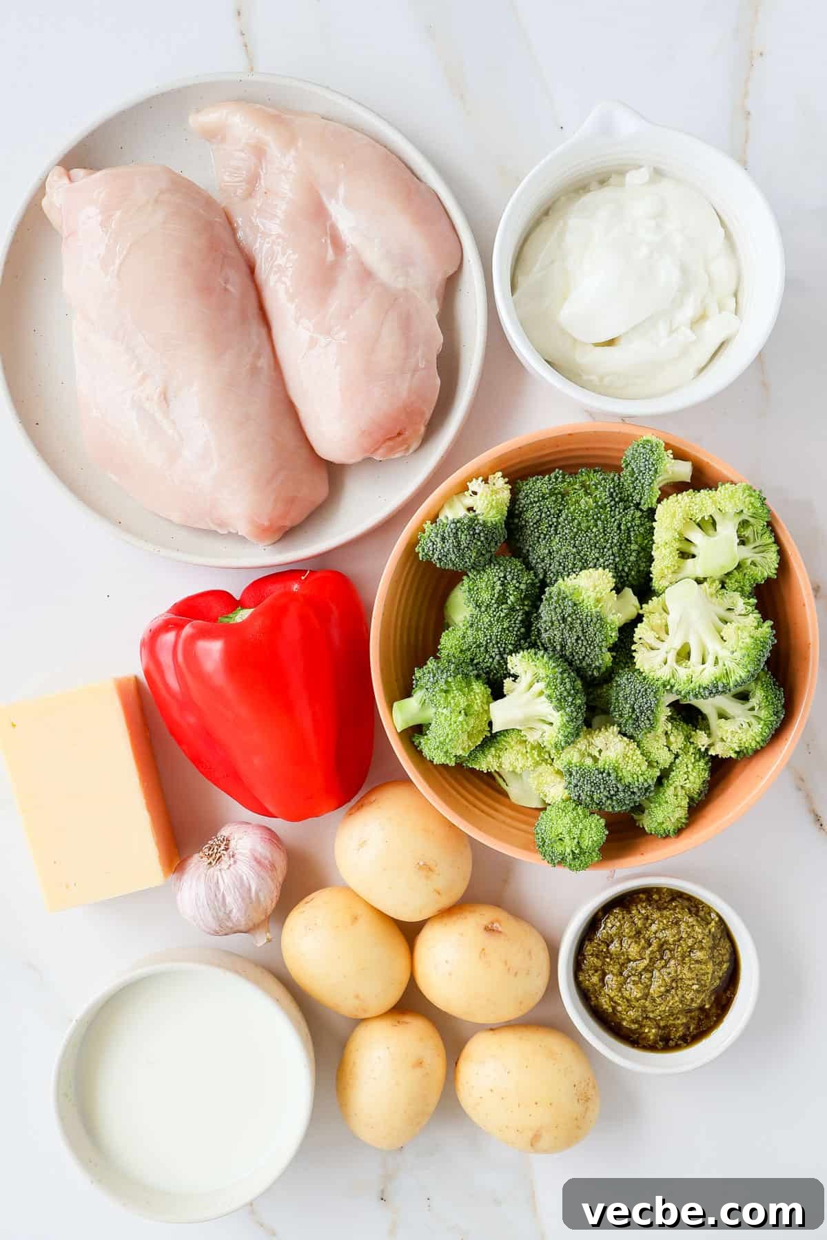 Creamy Baked Chicken, Broccoli and Potato Casserole 4 Ingredients shown to make the recipe.