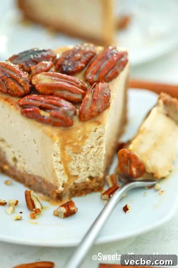 Creamy Instant Pot Pecan Cheesecake Recipe 4 a forkful of pecan cheesecake topped with pecans