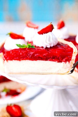 A slice of strawberry cheesecake pie on a serving spatula.