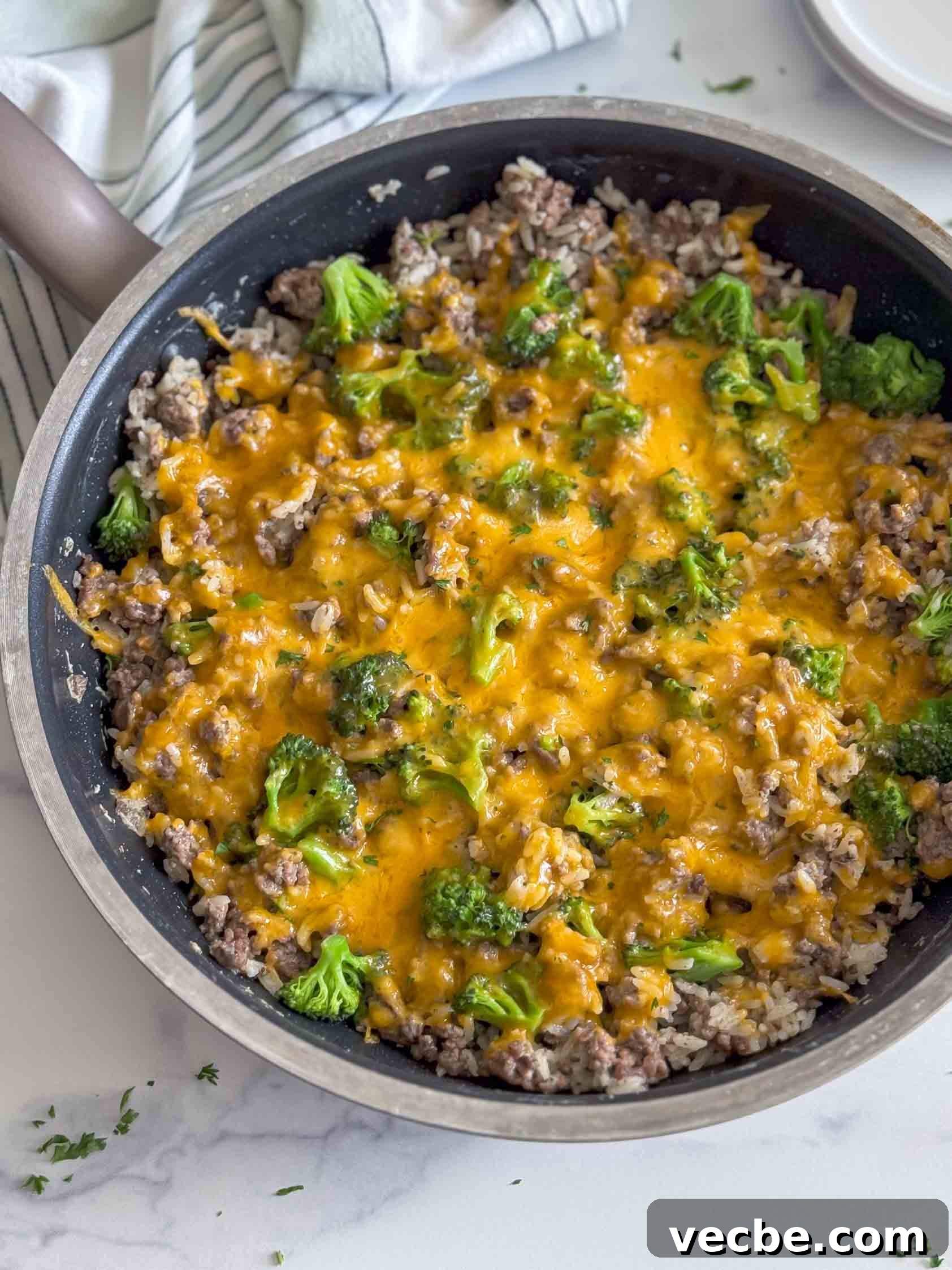 Cheesy Ranch Ground Beef and Rice Skillet 2 Skillet filled with cheesy ranch ground beef and rice.
