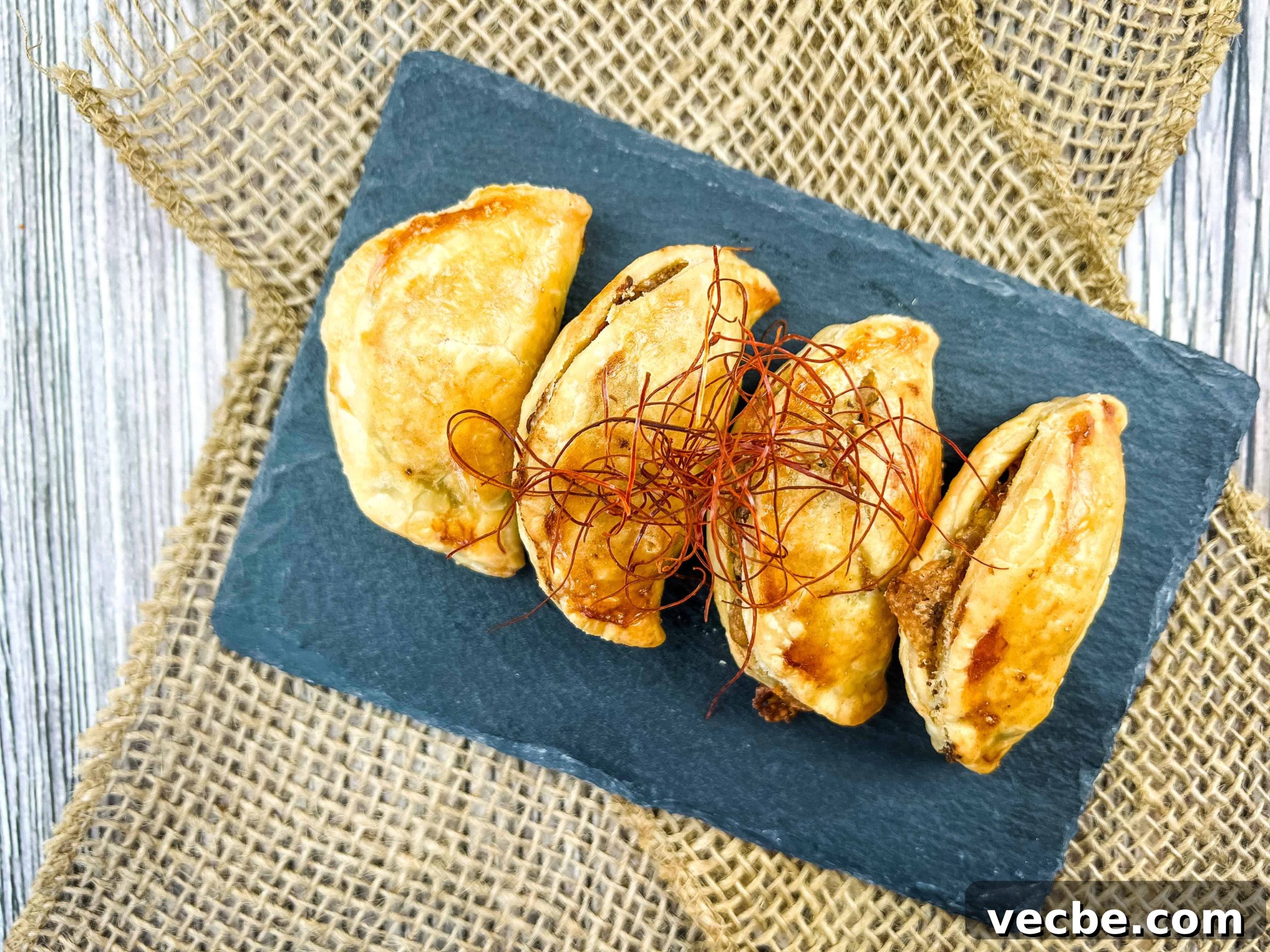 25 Ground Beef Recipes for Real Weeknight Dinners 3 Four pieces of Air Fryer Beef Empanadas on a black rectangular slate.