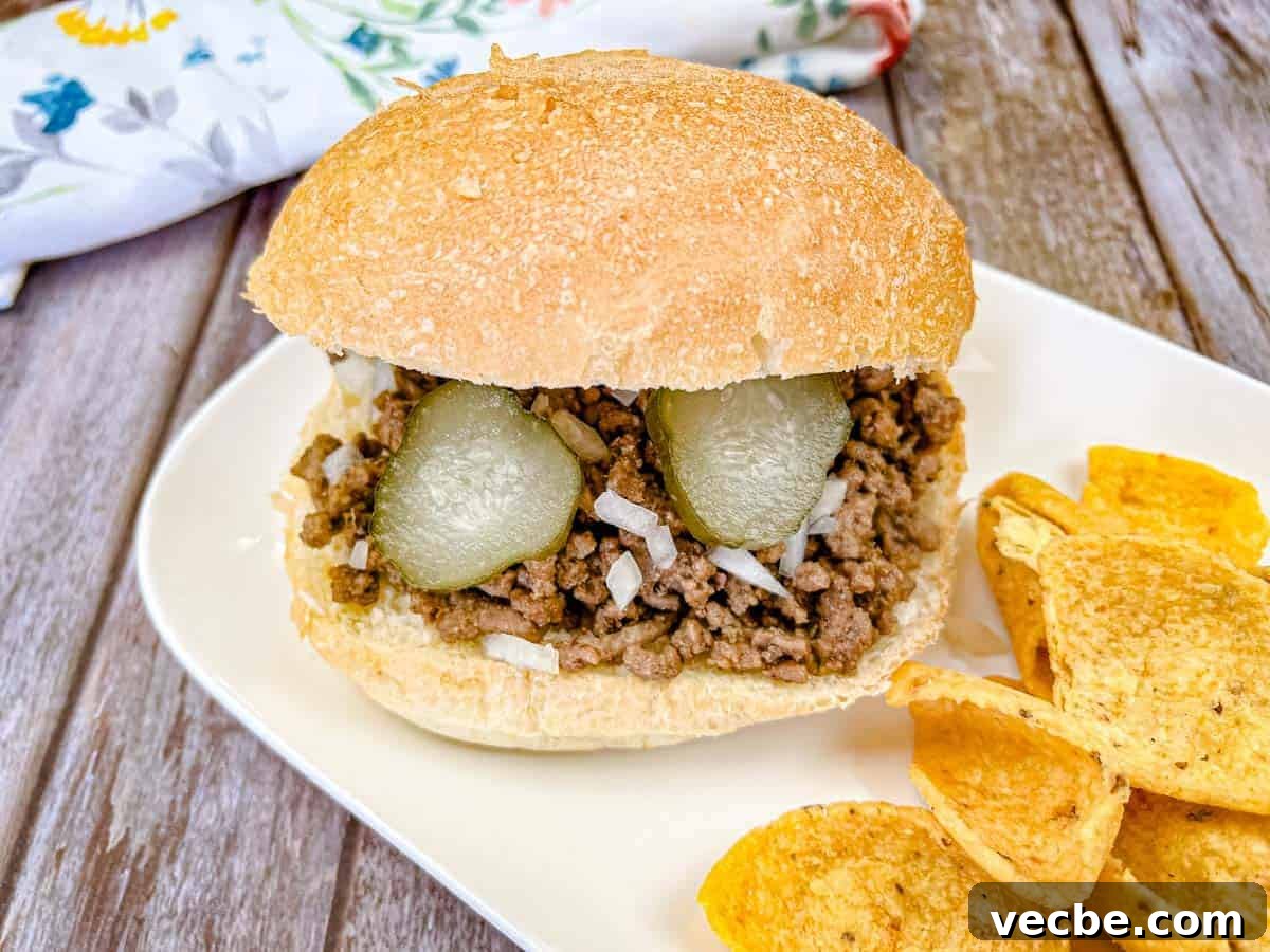 25 Ground Beef Recipes for Real Weeknight Dinners 5 Copycat Maid-Rite Loose Meat Sandwich on a white plate with chips.
