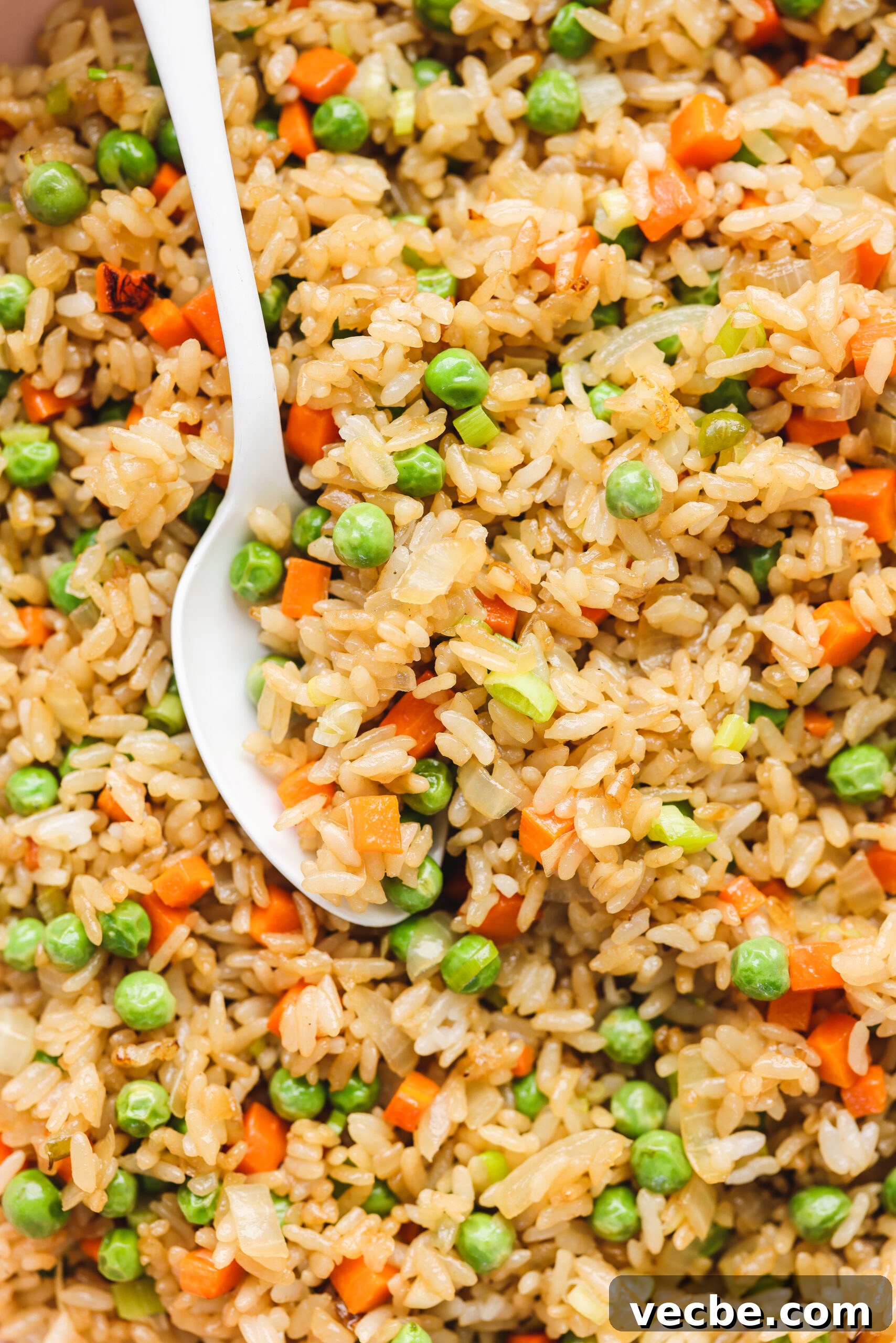 Vegan Fried Rice Recipe That Tastes Like Takeout 4 a white spoon resting in a dish of vegan fried rice.