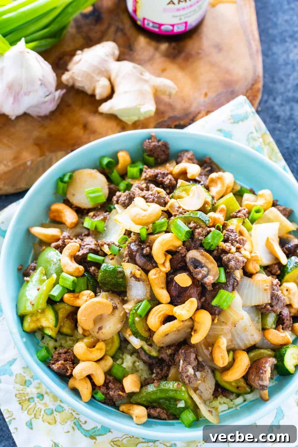 Keto Cashew Beef Stir-Fry 3 Overhead of Cashew Beef topped with cashews.