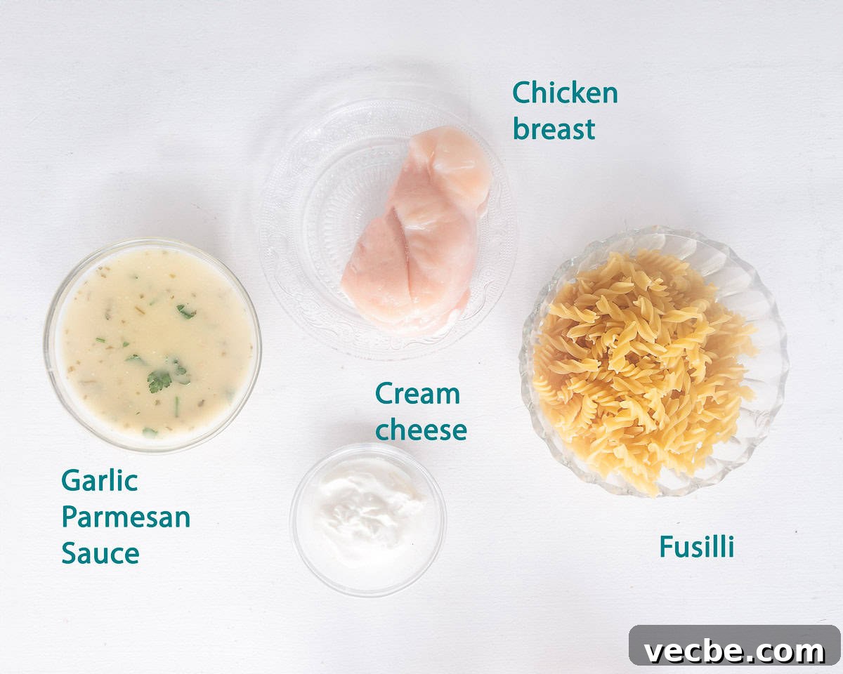 Slow Cooker Garlic Parmesan Chicken with Fusilli 3 Ingredients Slowcooker Chicken with Garlic Parmesan Sauce on a white background with text description.