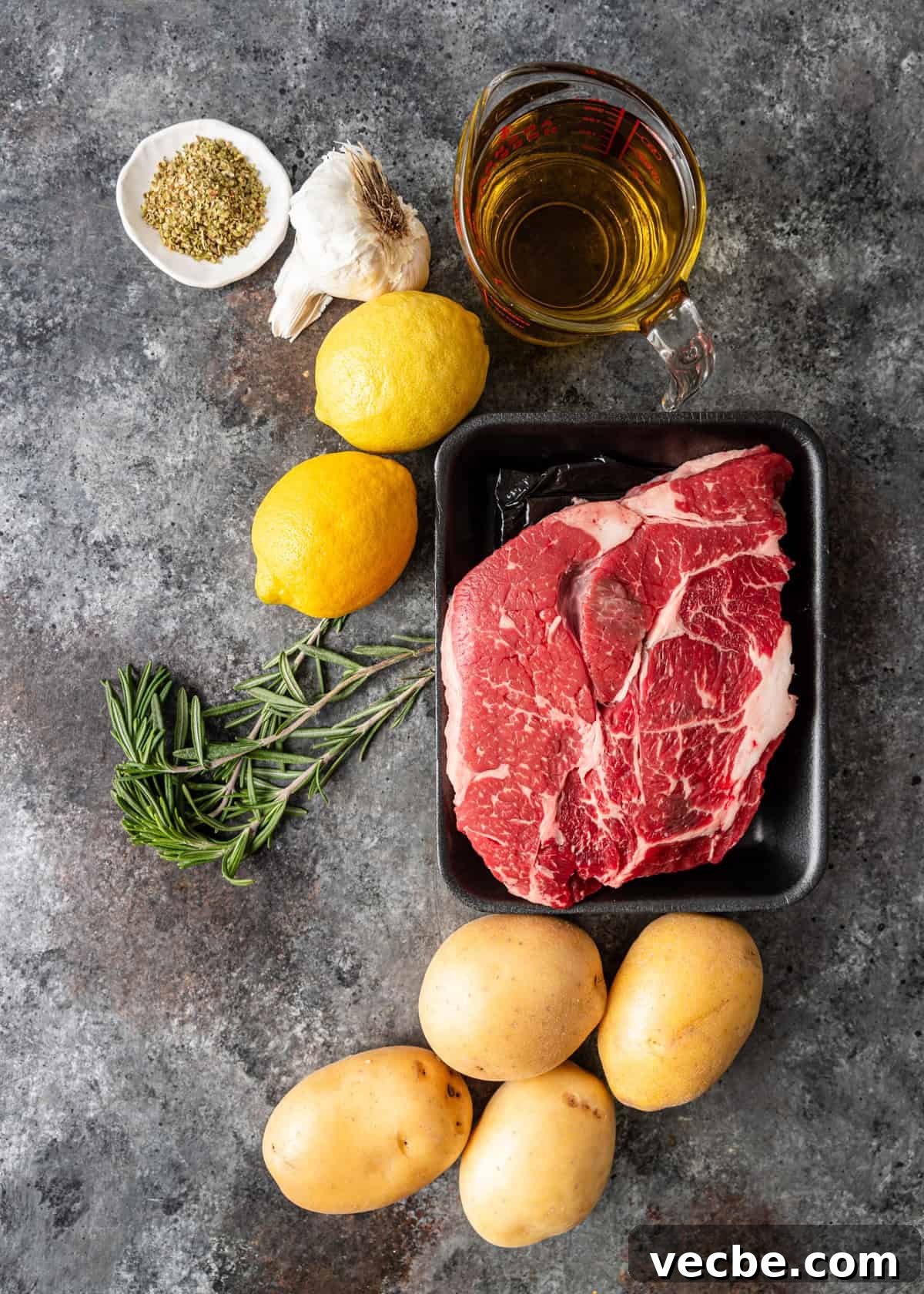 Greek Lemon Pot Roast with Crispy Potatoes 4 overhead: ingredients needed to make my pot roast recipe