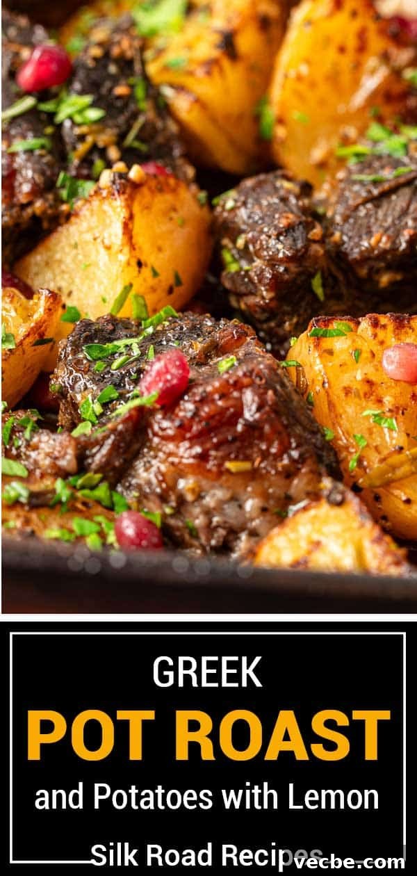 Greek Lemon Pot Roast with Crispy Potatoes 9 titled image (and shown): greek pot roast and potatoes with lemon