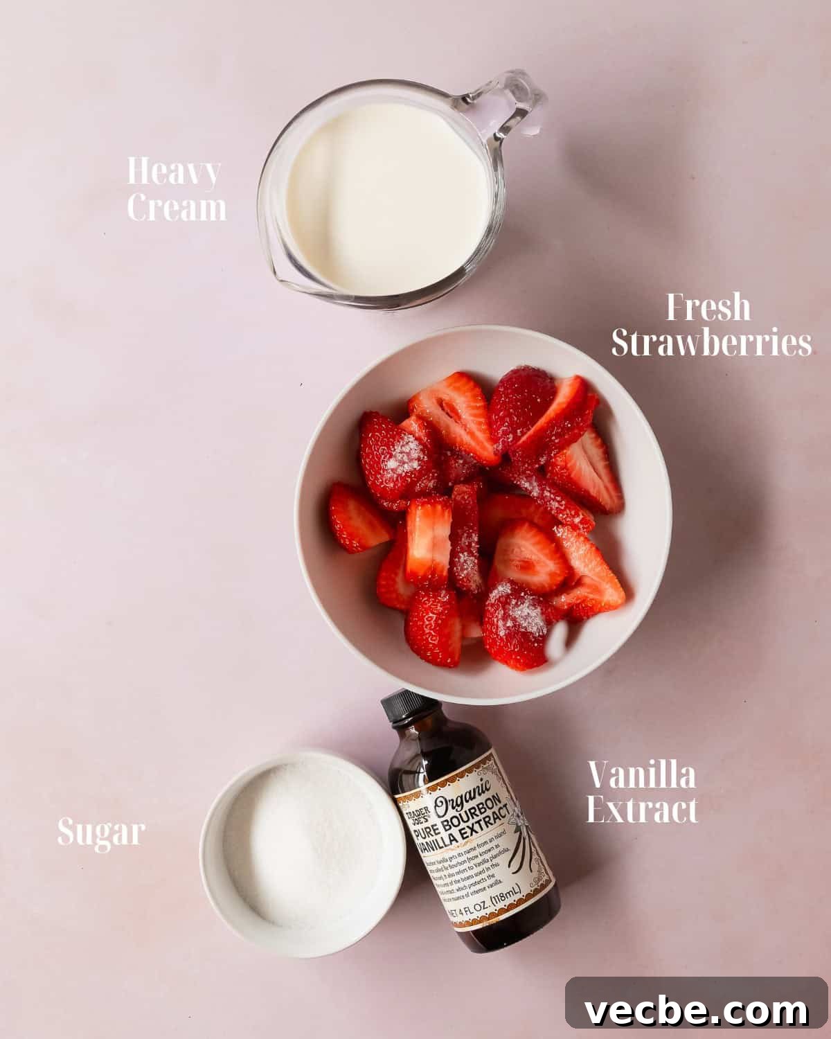No-Bake Strawberry Cheesecake Recipe: Creamy Summer Dessert 5 Strawberry Cheesecake Topping: Gather heavy cream, sugar, vanilla extract and fresh strawberries for topping.
