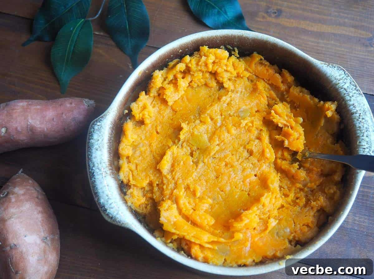 How to Cook Sweet Potatoes in the Instant Pot 9 A bowl of pureed Instant Pot sweet potatoes.