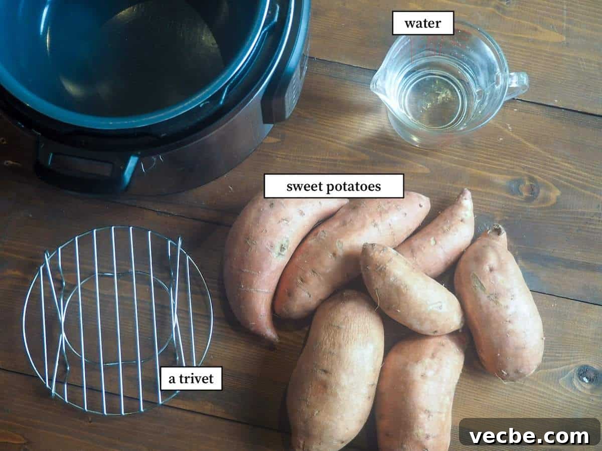 How to Cook Sweet Potatoes in the Instant Pot 3 The ingredients in Instant Pot sweet potatoes, laid out and labeled.