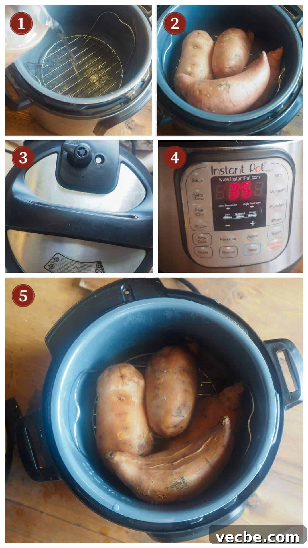 How to Cook Sweet Potatoes in the Instant Pot 4 A collage of images showing how to cook sweet potatoes in an Instant Pot, steps 1 - 5.
