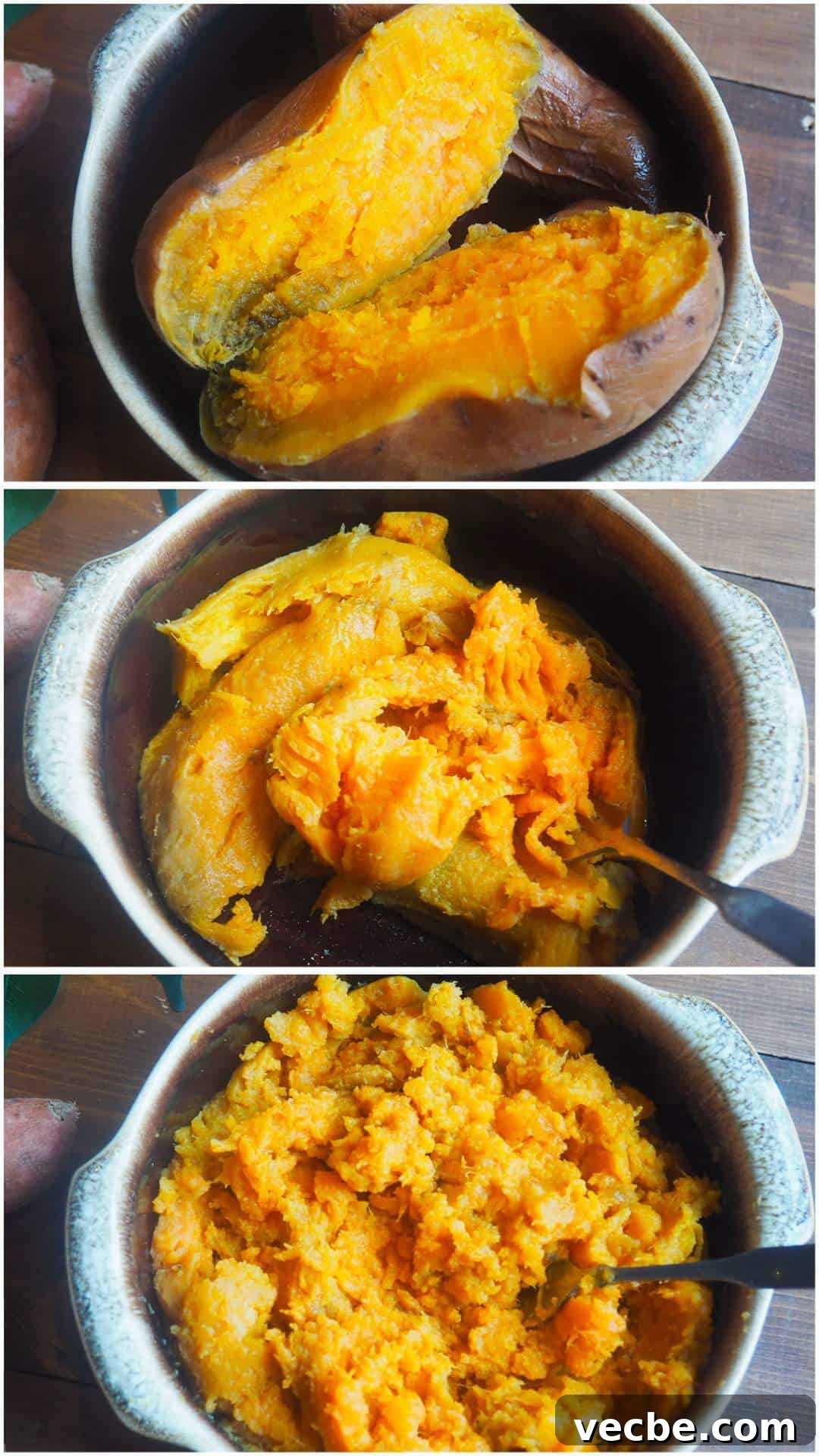 How to Cook Sweet Potatoes in the Instant Pot 7 Three images of sweet potatoes showing the stages of just cooked, slightly mashed, and fully mashed.
