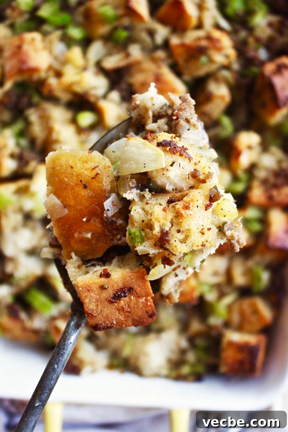 Savory Ciabatta and Pork Sausage Stuffing 3 Ciabatta and Pork Sausage Stuffing - Say goodbye to your wet, soggy, over-herbed stuffing, and say hello to this perfectly moist, flavorful, rustic ciabatta stuffing instead! It will be a favorite in your Thanksgiving spread - TheGarlicDiaries.com