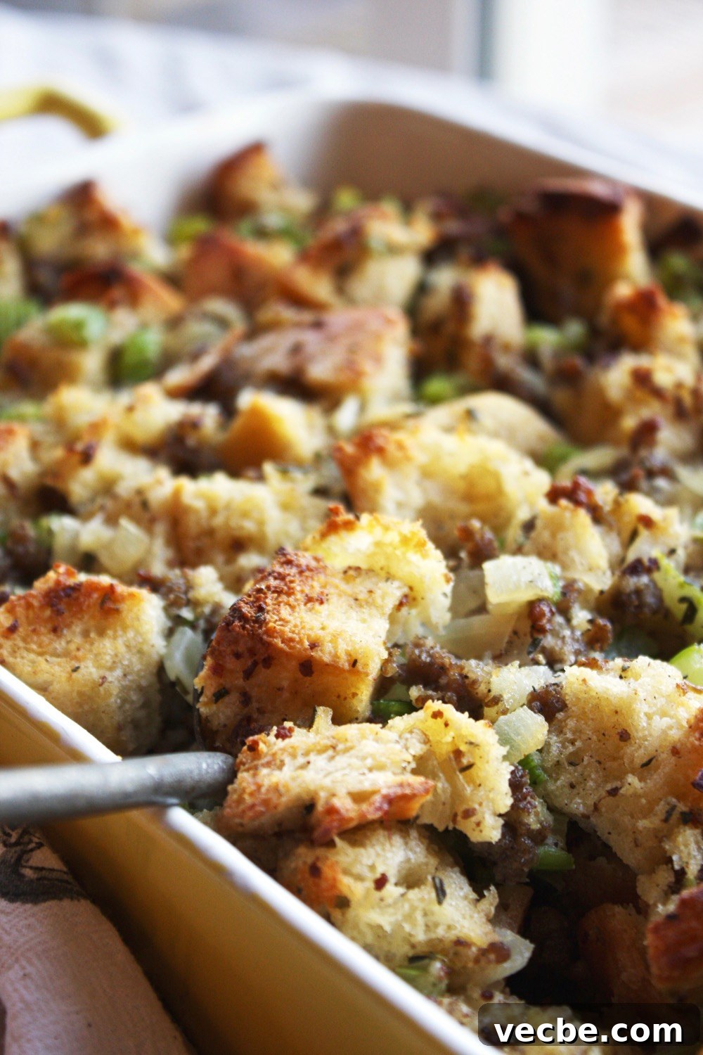Savory Ciabatta and Pork Sausage Stuffing 4 Ciabatta and Pork Sausage Stuffing - Say goodbye to your wet, soggy, over-herbed stuffing, and say hello to this perfectly moist, flavorful, rustic ciabatta stuffing instead! It will be a favorite in your Thanksgiving spread - TheGarlicDiaries.com