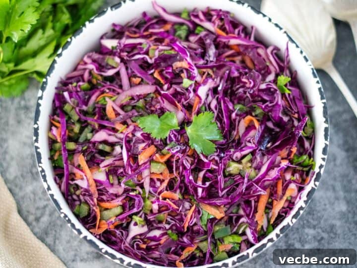 Red cabbage slaw in a bowl.