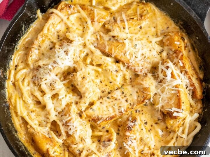 A skillet filled with chicken and pasta.