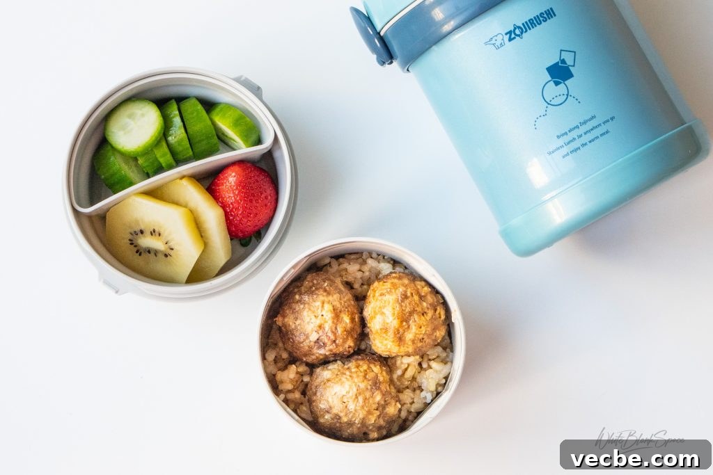 Meatballs and Rice School Lunch Ideas for Kids 2 meatballs and rice in a lunchbox