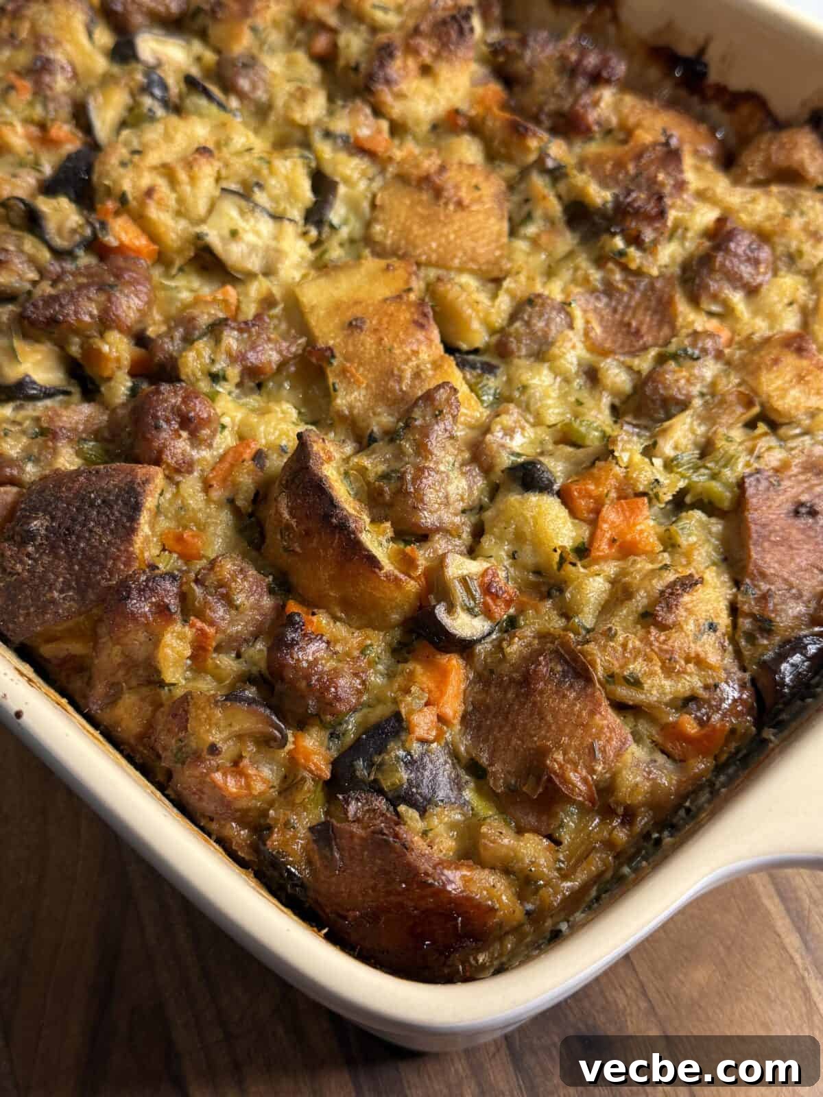 Sausage and Leek Bread Pudding-Style Stuffing 2 A close-up of a baked casserole dish filled with golden brown stuffing made of bread cubes, sausage, vegetables like carrots and celery, and herbs, resting on a wooden surface.