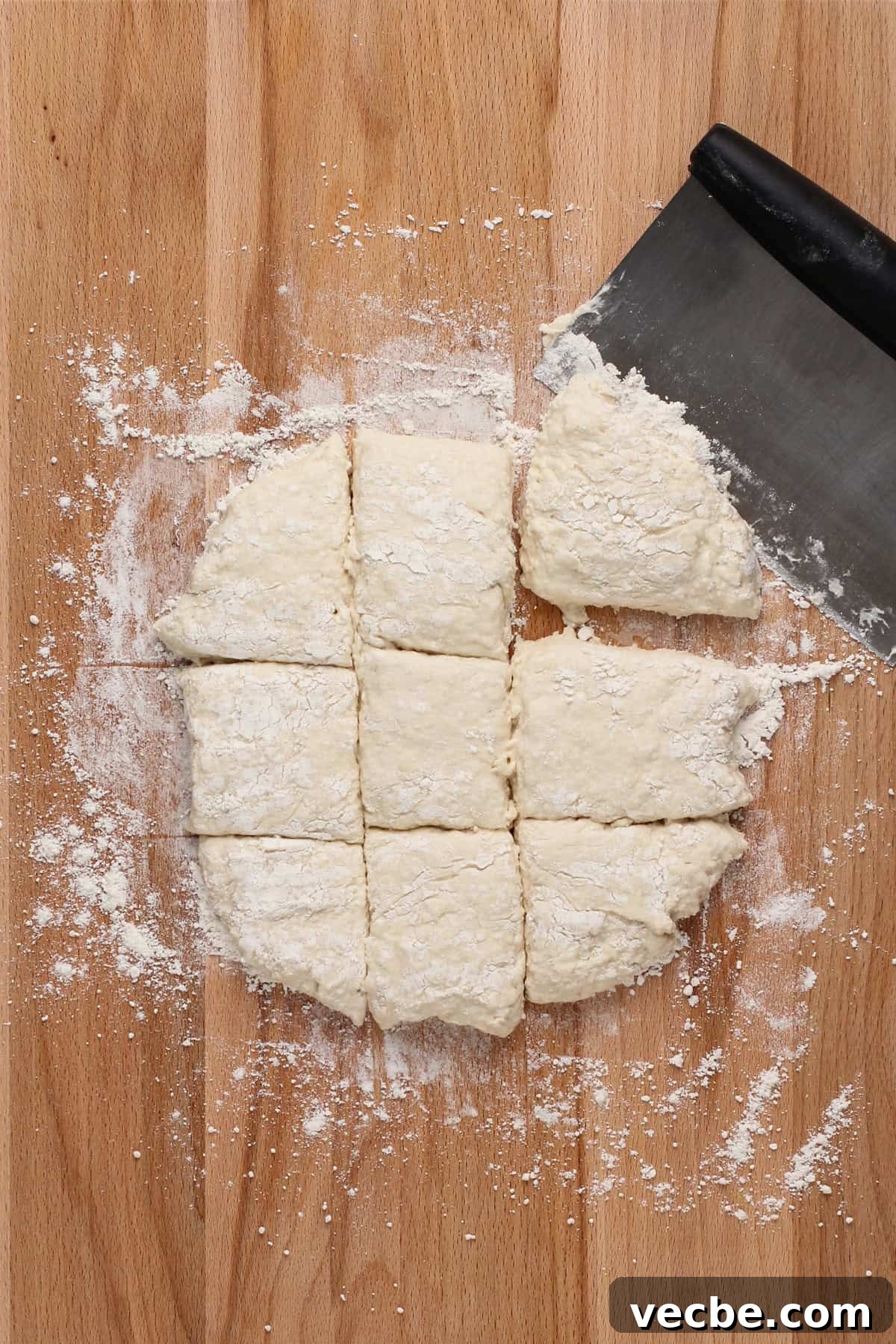 Fluffy 7-Up Biscuits Recipe 6 7up biscuit dough cut into 9 biscuits on a floured board.
