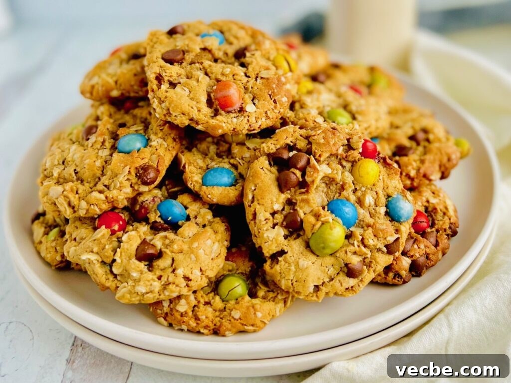 Chewy Monster Cookies with Chocolate Chips and Peanut Butter 3 A white plate full of cookies with oats, creamy peanut butter, chocolate morsels, and chocolate candies.