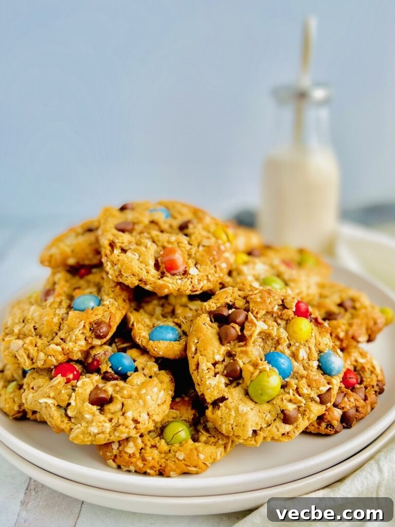 Chewy Monster Cookies with Chocolate Chips and Peanut Butter 7 A white plate full of cookies with oats, creamy peanut butter, chocolate morsels, and chocolate candies.