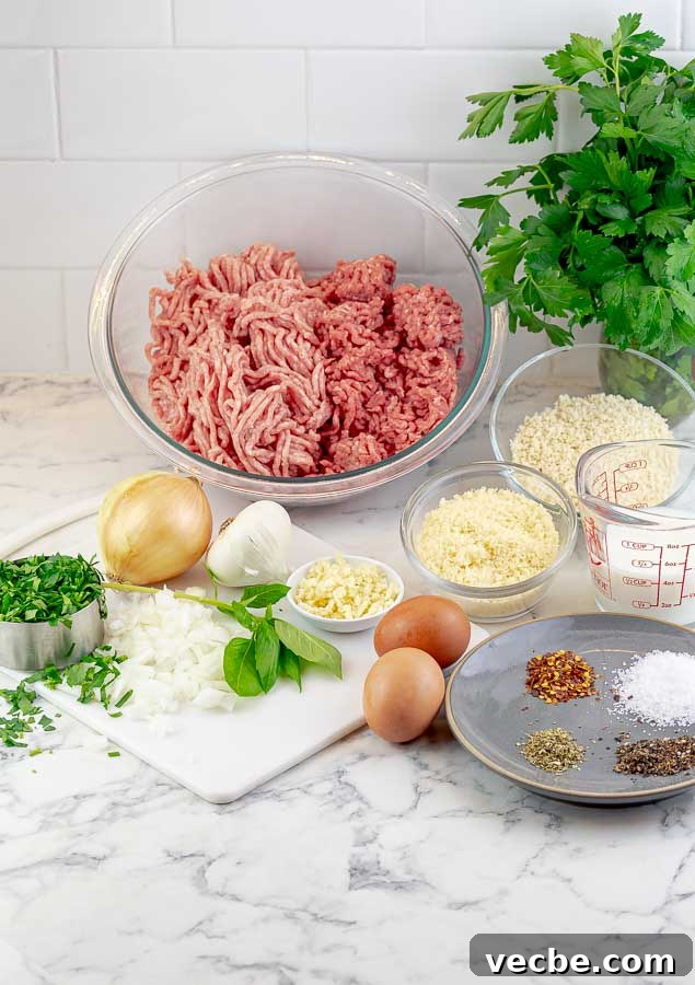 Grilled Italian Meatballs Recipe 4 ingredients being prepped for grilled Italian meatballs