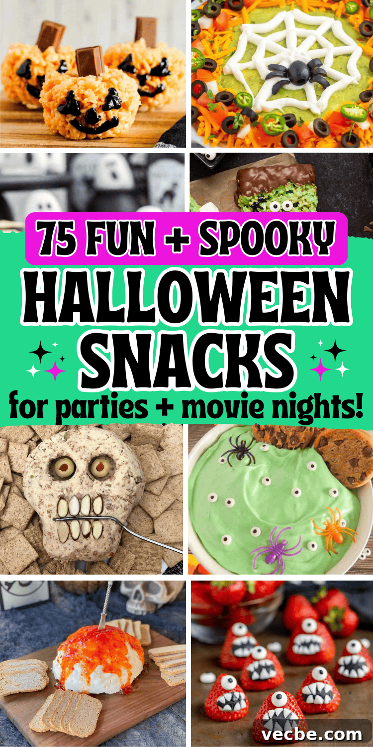 Cute Halloween party snacks! These Halloween themed snacks and spooky party foods include fun appetizer recipes, finger foods, movie night snacks mixes and party treats.