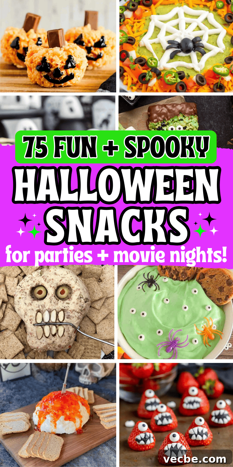 Cute Halloween party snacks! These Halloween themed snacks and spooky party foods include fun appetizer recipes, finger foods, movie night snacks mixes and party treats.