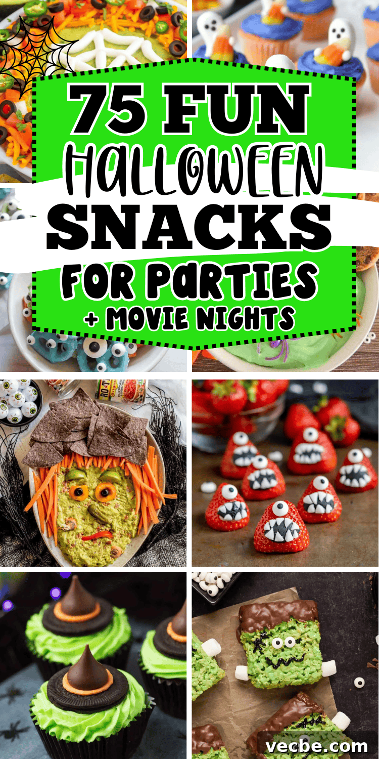Cute Halloween party snacks! These Halloween themed snacks and spooky party foods include fun appetizer recipes, finger foods, movie night snacks mixes and party treats.